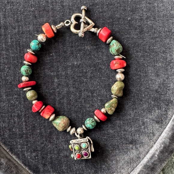 Handmade Sterling Silver Bracelet with Turquoise & Coral Natural Beads. 8”